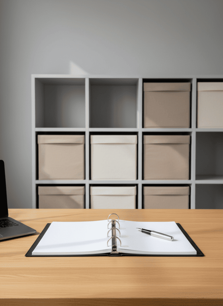 A neatly organized wooden desk with smooth, light oak grain, featuring an open binder with crisp, white sheets and a classic silver pen resting diagonally. The desk sits against a matte, pale grey wall, with subtle geometric shelving displaying closed storage boxes in soft beige. Gentle, diffused overcast daylight filters in from an unseen side window, illuminating the workspace with calm, even light and casting faint, structured shadows. The mood is efficient, reassuring, and welcoming, encouraging focus and clarity. Viewed from a slightly elevated, centered angle, the composition balances negative space and elements, creating a professional, clean, photographic realism—ideal for visually communicating organized support for the elderly.